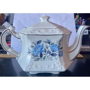 Vintage Teapot Wood & Sons Burslem England Porcelain Blue Rose Flower Gold Trim